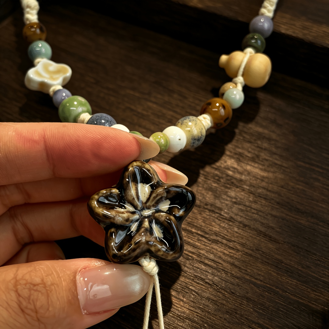 National Style Color-Blocking Beaded Tassel Necklace, Retro Design